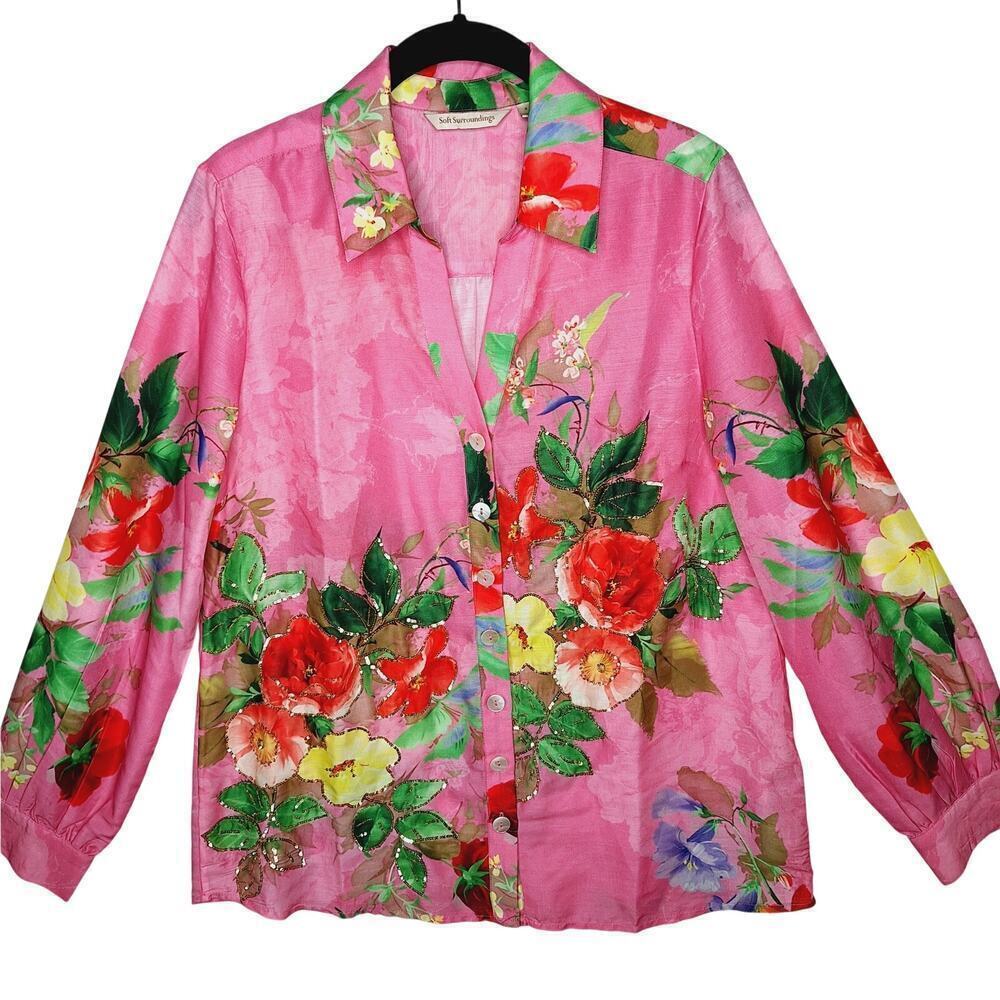 Soft Surroundings Floral Sequin Top Small Button Up Collared Feminine Colorful